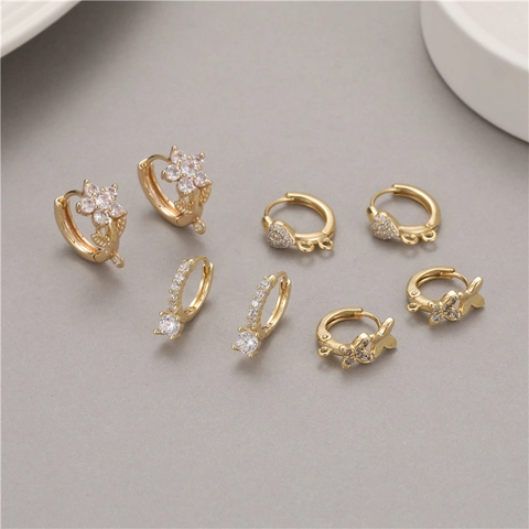 Copper 14K Gold Huggie Hoop Earrings Heart Star Butterfly Flower Rhinestone Inlaid DIY Earring Findings Jewelry Making Parts