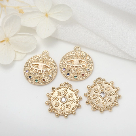 Round Copper Coin Pendant With Zirconia Evil Eye Star Moon Pattern Hammered Gold Plated DIY Jewelry Making Charms For Necklace