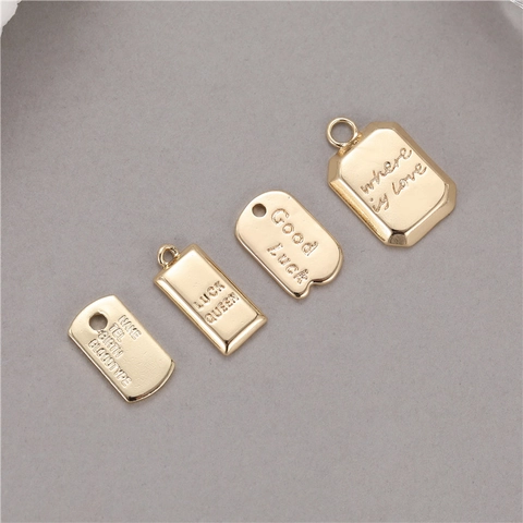14K Gold Plated Copper Rectangle Pendant Engraved Identity Tag Luck Queen For DIY Jewelry Making Hip Hop Charms