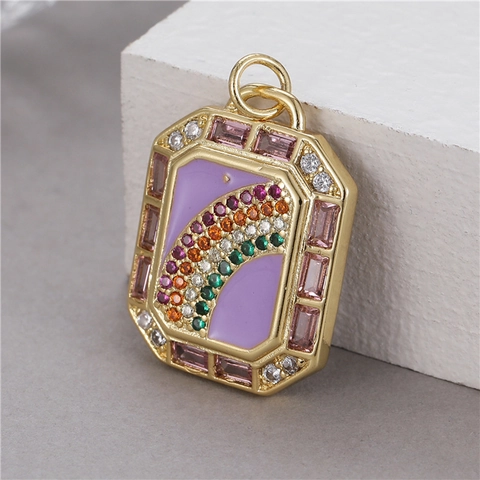 Gold Plated Copper Rectangular Rainbow Pendant Micro Inlaid Zirconia Enamel Astrology Moon Star Charm For Necklace Making DIY Jewelry Accessories
