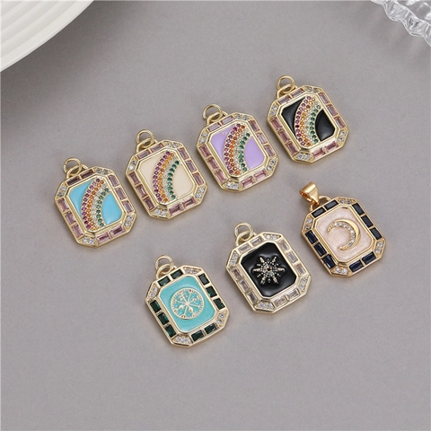 Gold Plated Copper Rectangular Rainbow Pendant Micro Inlaid Zirconia Enamel Astrology Moon Star Charm For Necklace Making DIY Jewelry Accessories