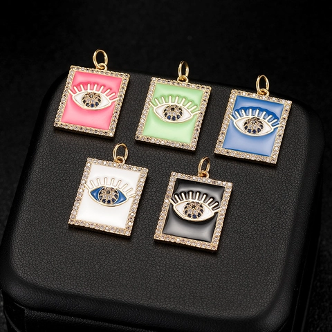 Rectangular Copper Evil Eye Pendant Necklace Charm Enamel Inlaid Rhinestone For DIY Jewelry Making Accessories Gold Plated