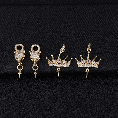 Copper Rhinestone Crown Leopard Head DIY Jewelry Pendant Findings 14K Gold Plated For Pearl Inlay Necklace Charms Accessories