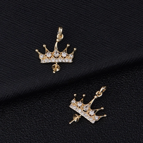 Copper Rhinestone Crown Leopard Head DIY Jewelry Pendant Findings 14K Gold Plated For Pearl Inlay Necklace Charms Accessories