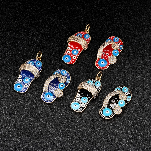 14K Gold Plated Copper Slipper Charm Evil Eye Pendant With Rhinestone For DIY Necklace Bracelet Jewelry Making