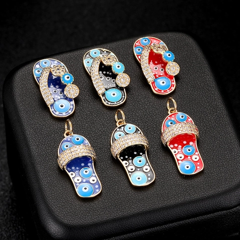 14K Gold Plated Copper Slipper Charm Evil Eye Pendant With Rhinestone For DIY Necklace Bracelet Jewelry Making