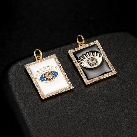 Rectangular Copper Evil Eye Pendant Necklace Charm Enamel Inlaid Rhinestone For DIY Jewelry Making Accessories Gold Plated