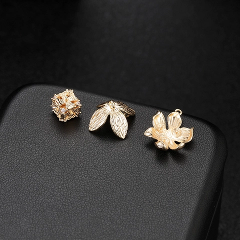 Diy Jewelry Making Accessories Copper Gold Plated Flower Bead Caps Spacers Hollow Cube Rhinestone Charms Pendants Findings