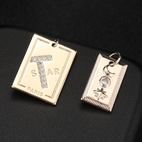 14K Vergoldeter Kupfer Zirkonia Rechteck Buchstabe T Stern Mond Anhänger Minimalistischer Modeschmuck Damen Geschenk