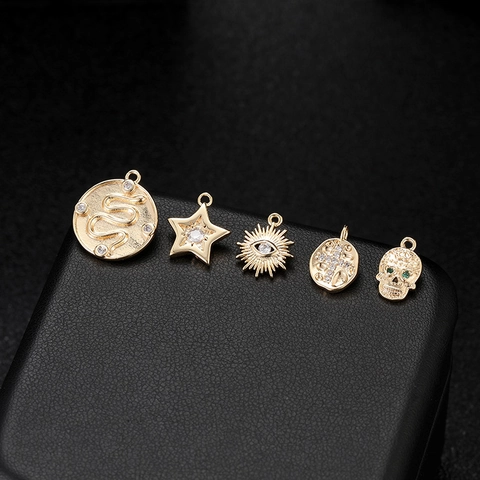 14K Gold Plated Copper Micro Pave Rhinestone Star Evil Eye Snake Skull Cross Pendant DIY Jewelry Making Charms Accessory