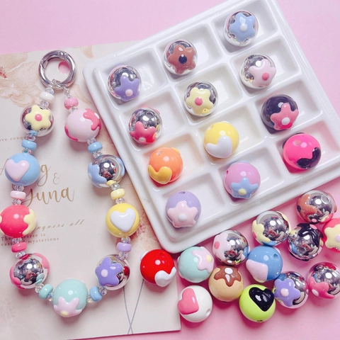 Hand-Painted Flower Heart Round Acrylic Beads For DIY Jewelry Making Phone Chain Keyring Accessories Loose Spacer Beads