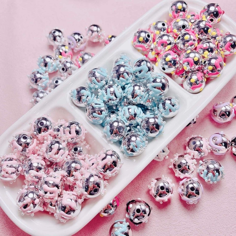 Cuentas Redondas de Acrílico Pintadas a Mano Efecto Espejo Plata Oro Cuentas Sueltas Con Perlas Artificiales de Imitación Strass para Joyería DIY