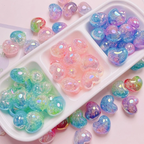 Acrylic Heart Beads Gradient Colorful Crackle Beads For Jewelry Making DIY Phone Chain Accessories AB Coating Beads