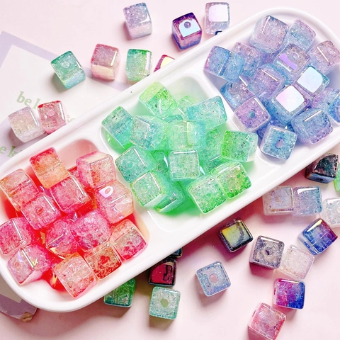 Acrylic Cuboid Burst Beads Gradient Double Color DIY Phone Chain Material Accessories Cubic Cracked Pattern Square Beads