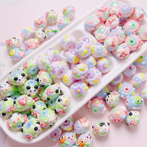 Hand Painted Acrylic Beads Cute Cartoon Animal Flower Letter Pattern Loose Beads Macaron Color For DIY Jewelry Making Accessories