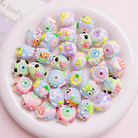 Hand Painted Acrylic Beads Cute Cartoon Animal Flower Letter Pattern Loose Beads Macaron Color For DIY Jewelry Making Accessories