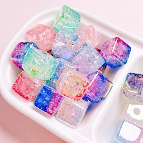 Acrylic Cuboid Burst Beads Gradient Double Color DIY Phone Chain Material Accessories Cubic Cracked Pattern Square Beads
