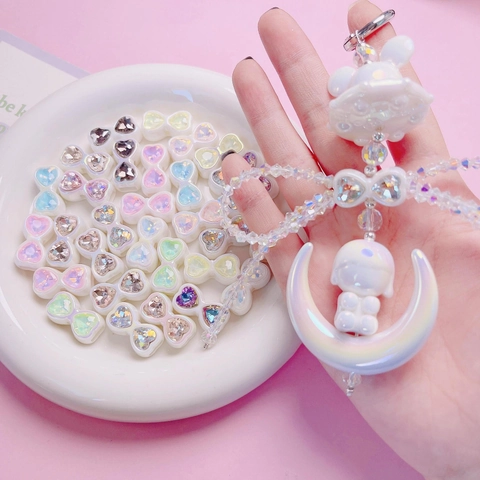 Cute Acrylic Bowknot Heart Loose Beads Zircon Inlaid Iridescent DIY Craft Beads For Phone Chain Jewelry Making Accessories