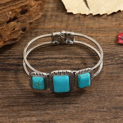 Vintage Bohemian Alloy Bangle Bracelet With Square Turquoise Greek Key Pattern Antique Silver Ethnic Jewelry For Women