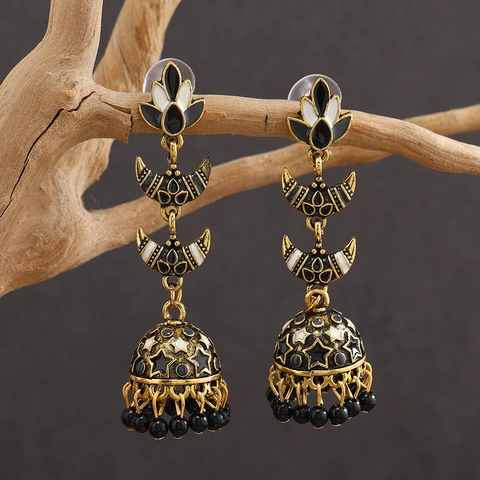 Bohemian Vintage Jhumka Drop Earrings For Women Alloy Artificial Pearl Crescent Lotus Ethnic Golden Bell Dangle Jewelry Gift