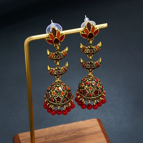 Bohemian Vintage Jhumka Drop Earrings For Women Alloy Artificial Pearl Crescent Lotus Ethnic Golden Bell Dangle Jewelry Gift