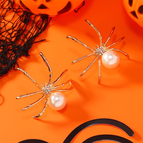 Gothic Spider Stud Earrings With Faux Artificial Pearl Stainless Steel Earring Post Halloween Party Punk Style Jewelry For Women