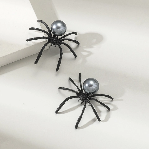 Gothic Spider Stud Earrings With Faux Artificial Pearl Stainless Steel Earring Post Halloween Party Punk Style Jewelry For Women
