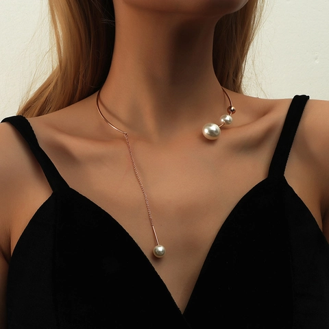 Minimalist Alloy Artificial Pearl Tassel Choker Necklace For Women Rose Gold Plated Elegant Asymmetric Fringe Wedding Party Jewelry
