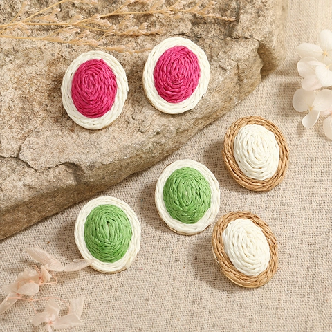 Bohemian Handwoven Straw Raffia Oval Stud Earrings For Women Contrast Color Vacation Beach Style Alloy Jewelry Gift