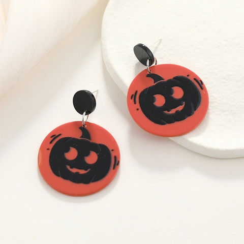 Halloween Creative Grotesque Pumpkin Acrylic Stud Earrings Exaggerated Round Orange Black Printed Jewelry For Women Party Festival