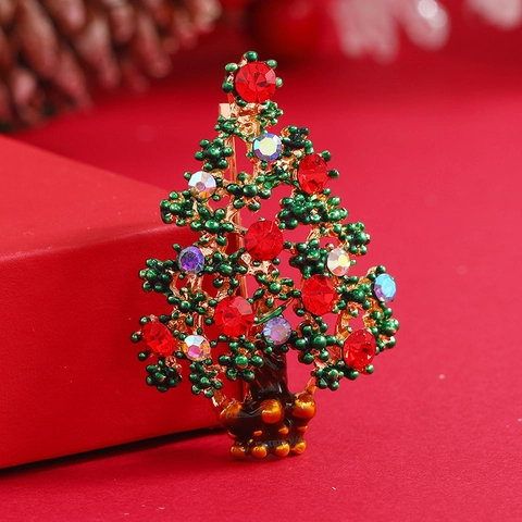 Broche Sapin de Noël Vintage pour Femmes Alliage Émail Vert Strass Multicolore Incrusté Robe Festive Bijoux Cadeau