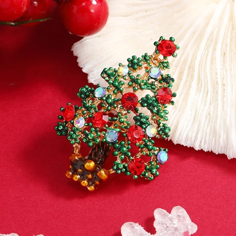 Broche Sapin de Noël Vintage pour Femmes Alliage Émail Vert Strass Multicolore Incrusté Robe Festive Bijoux Cadeau