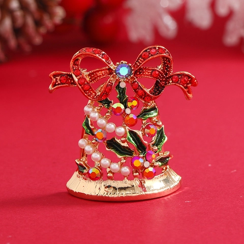 Spilla a Campana di Natale per Donna in Lega con Strass Fiocco Perla Artificiale Ghirlanda Smaltata Gioielli Natalizi