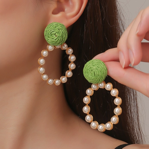 Bohemian Alloy Raffia Straw Woven Hoop Earrings With Faux Artificial Pearl Gold Round Pendant Vacation Summer Jewelry For Women Daily Wear