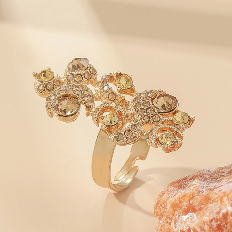 Bague Ouverte Fleur Sculptée Vintage Pour Femme Alliage Strass Cristal Champagne Exagéré Bohème Bague Réglable Bijoux