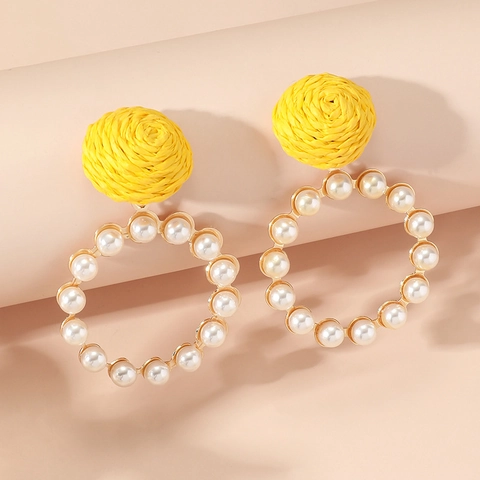 Bohemian Alloy Raffia Straw Woven Hoop Earrings With Faux Artificial Pearl Gold Round Pendant Vacation Summer Jewelry For Women Daily Wear