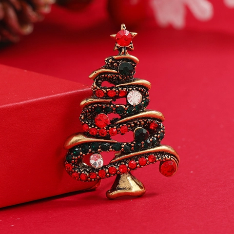 Vintage Christmas Tree Brooch Zinc Alloy Colorful Rhinestone Inlaid Pin Festive Clothing Accessory For Women Men Xmas Gift