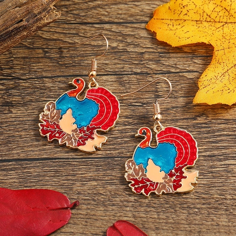 Thanksgiving Turkey Enamel Drip Oil Drop Earrings Alloy Gold Plated Maple Leaf Animal Festive Jewelry For Women Party Gift