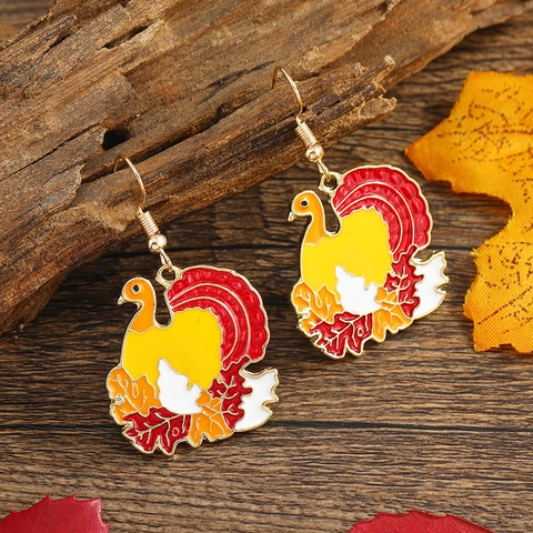 Thanksgiving Turkey Enamel Drip Oil Drop Earrings Alloy Gold Plated Maple Leaf Animal Festive Jewelry For Women Party Gift