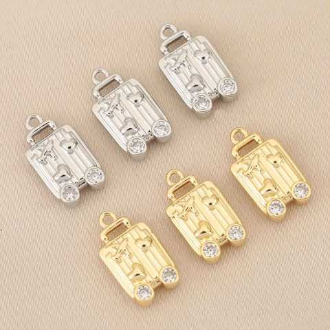 Copper Rhinestone Suitcase Pendant Airplane Heart Pattern Travel Bag Charm For DIY Jewelry Making Gold Silver Plated