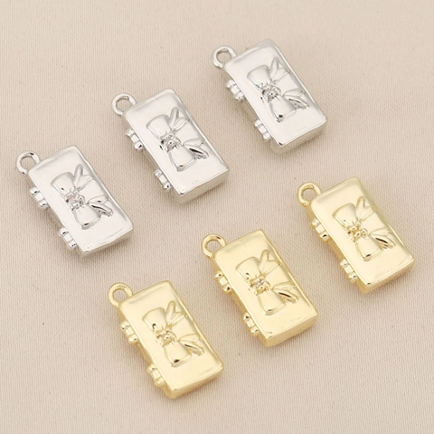 18K Gold Plated Copper Bow Knot Suitcase Shape Pendant For DIY Jewelry Making Accessories Fashion Rhinestone Charms