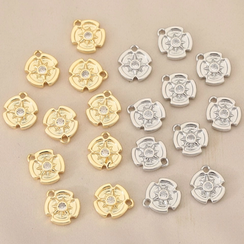 Eight-Pointed Star Round Pendant Copper 18K Gold Plated Rhinestone Compass Charm DIY Jewelry Making Accessory For Necklace