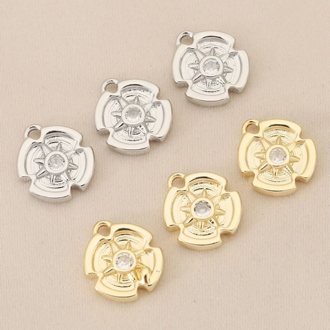 Eight-Pointed Star Round Pendant Copper 18K Gold Plated Rhinestone Compass Charm DIY Jewelry Making Accessory For Necklace
