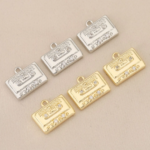 Colgantes para Joyería DIY Diseño de Cassette Retro Patrón de Nota Musical Cobre Chapado Oro Plata Strass Incrustado