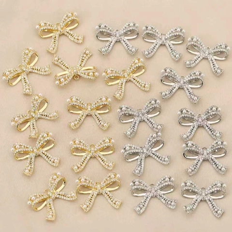 Pendentif Nœud Papillon en Cuivre Plaqué Or Véritable 18k Avec Strass et Perle Artificielle Accessoires de Bijoux DIY
