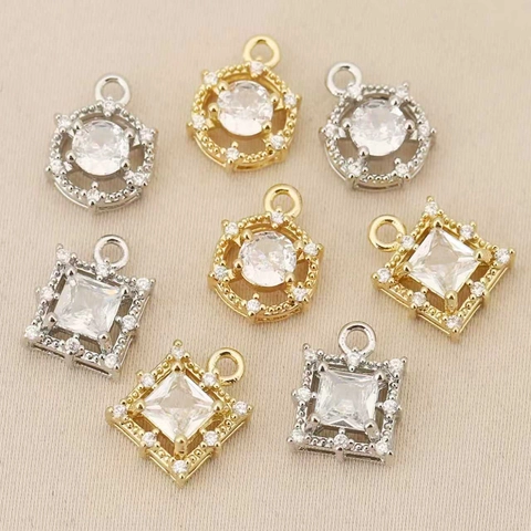 Geometric Round Square Rhinestone Inlaid Copper 18K Gold Plated Mini Pendant DIY Jewelry Accessories For Bag Necklace Making