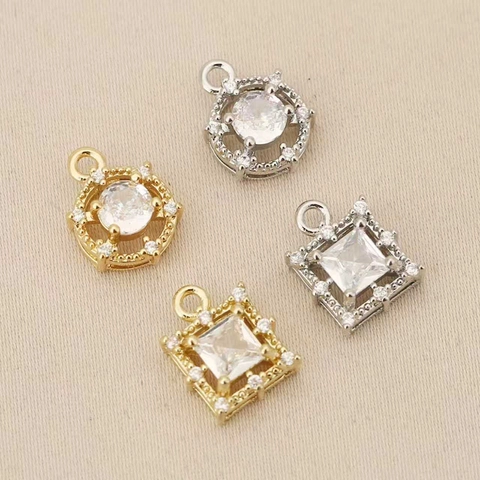 Geometric Round Square Rhinestone Inlaid Copper 18K Gold Plated Mini Pendant DIY Jewelry Accessories For Bag Necklace Making