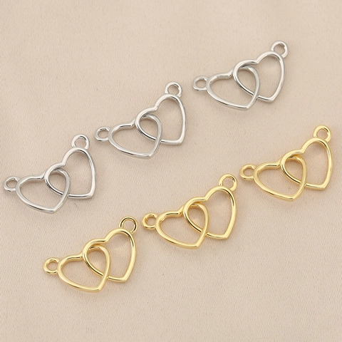 Colgante Conector de Doble Corazón de Cobre Bañado en Oro 18K DIY Collar Pulsera Fabricación de Joyas Colgantes Mujer Regalo
