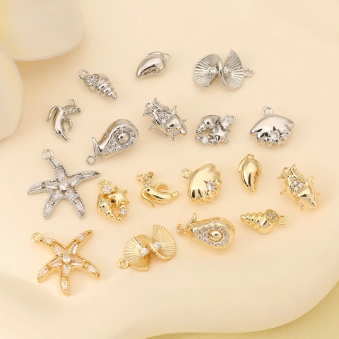 18K Gold Plated Copper DIY Pendant Charms Ocean Starfish Shell Fruit Animal Rhinestone Inlaid Handmade Jewelry Making Accessory