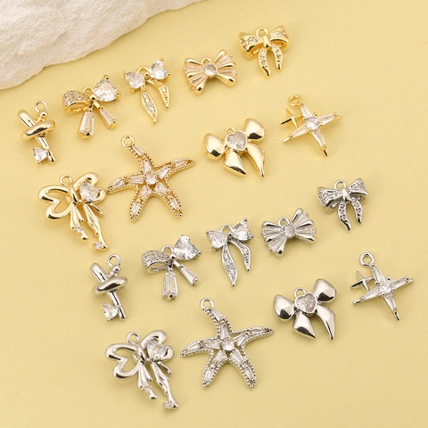 Copper 18K Gold Plated Heart Bowknot Starfish DIY Pendants Rhinestone Charm Jewelry Making Accessories For Women Necklace